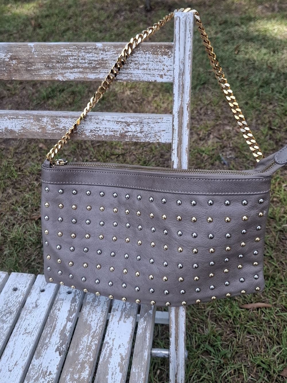 Taupe Studded Shoulder Bag with Gold Chain Strap